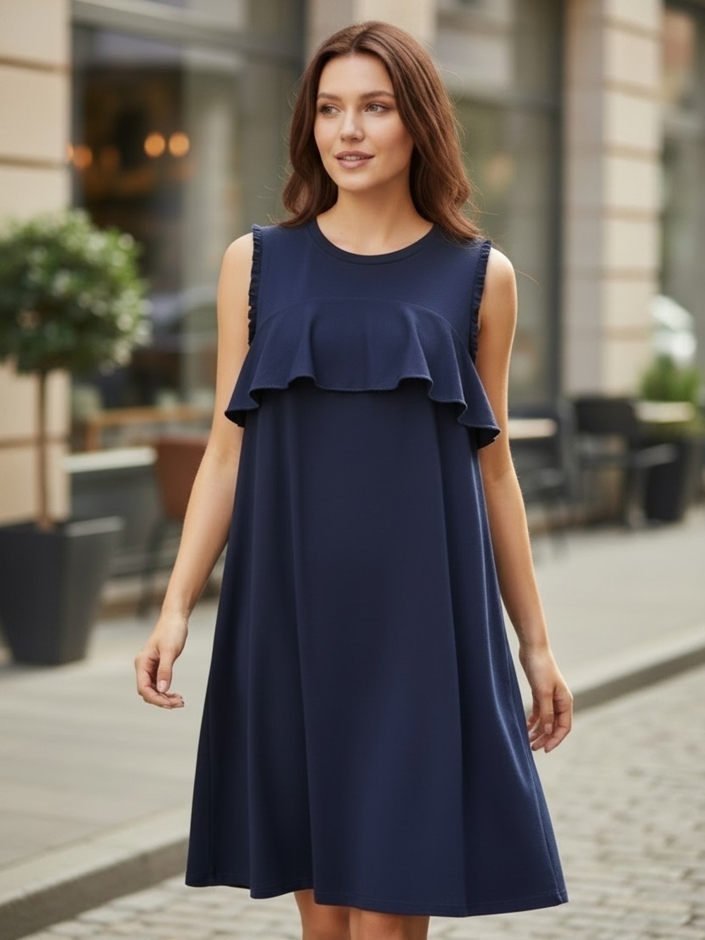 RETHM NAVY BLUE SLEEVELESS RUFFLE-CHEST DRESS A-LINE/SHIFT FLOWY DRESSY WOMENS S